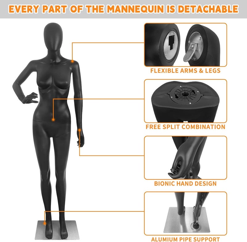 SHAREWIN Female Mannequin Black Dress Form Full Body Manikin Body 70 Inches Adjustable Maniquins Dress Model Plastic Detachable Manequins Stand Metal Base Metal Connector - Image 3